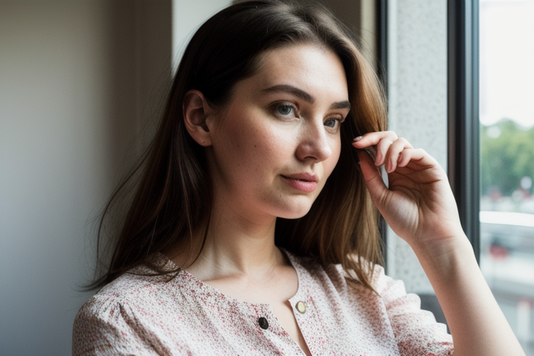 Young woman gazing thoughtfully out a window while holding her phone