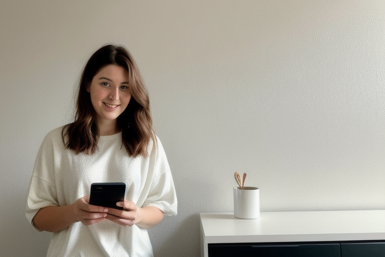 Young woman holding a smartphone with both hands in a bright modern room