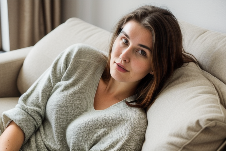 Young woman relaxing on a couch using a tablet to chat with an AI companion