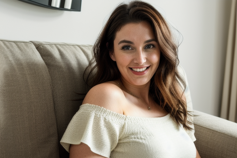 Young woman smiling while using an AI girlfriend app on her phone at home
