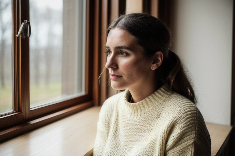 Thoughtful woman sitting by a window with a coffee mug, reflecting on loneliness and emotional connection