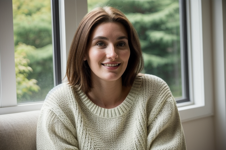 Young woman by a window holding her phone with a reflective smile, evoking memory and connection