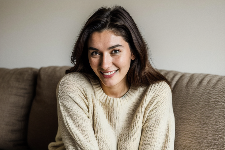Young woman smiling while setting up an AI companion app on her smartphone at home