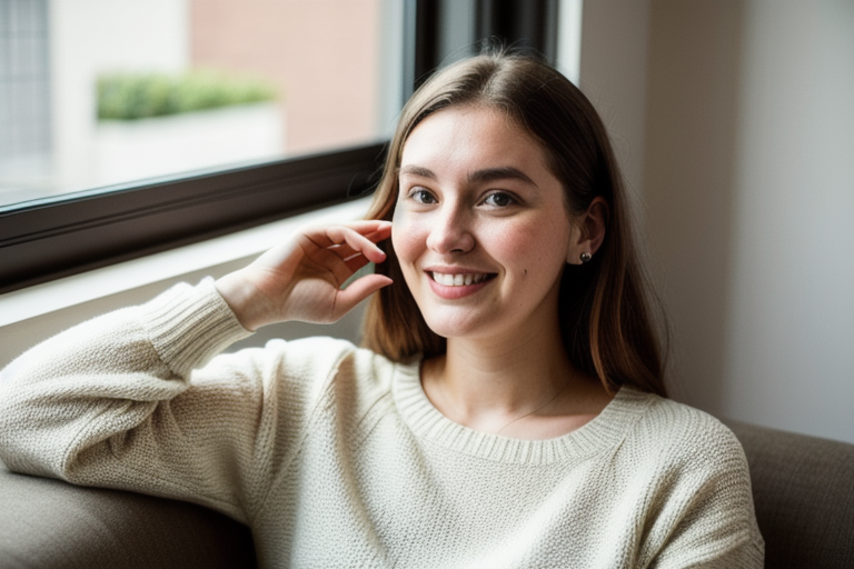 Young woman wearing earbuds listening with a gentle smile while holding her phone