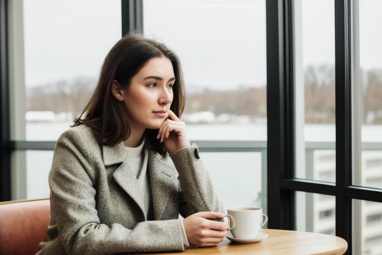 Young woman sitting alone at a cafe looking thoughtfully at her phone